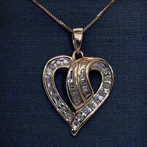 Diamond Baguette Channel Ribbon Heart Pendant in Yellow Gold VIDEO