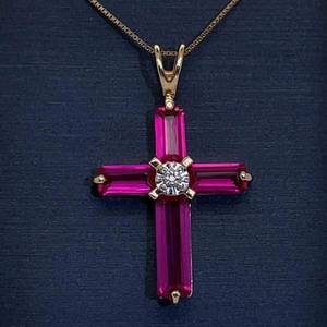 Rubellite Tourmaline & llusion Diamond Cross Pendant in Yellow Gold VIDEO