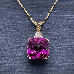 Fancy Pineapple Cushion Cut Pink Topaz & Diamond Accent Pendant in Yellow Gold VIDEO