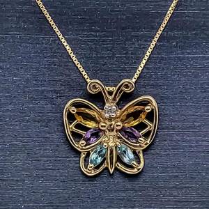 Joyful Iolite, Citrine & Blue Topaz Filigree Butterfly Pendant in Yellow Gold