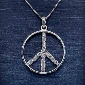 Zen Vibes Diamond Peace Sign Eternity Circle Pendant in White Gold