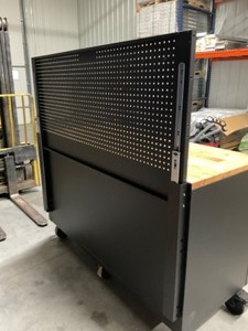 lot 4 image: 61 inch Heavy Duty Mobile Workbench with Hardwood Top, Pegboard and Shelf in Matte Black