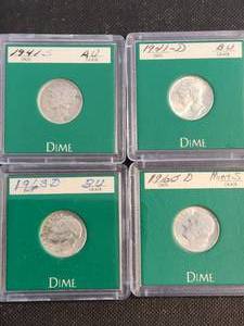 6 US SILVER DIMES 3 X MERCURY 3 X ROOSEVELT AU-BU