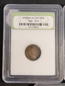 3 SLABBED COINS BARBER DIME MERCURY DIME & WWII SILVER WAR NICKEL