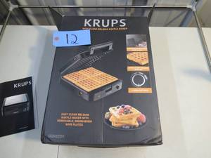 lot 12 image: KRUPS Belgian Waffle Maker, Waffle Maker with Removable Plates, 4 Slices, SilverBlack