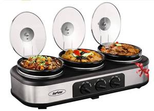 lot 37 image: Sunvivi Slow Cooker, Triple Slow Cooker Buffet Server 3 Pot Food Warmer 1.5 QT Each 4.5 Qt Total