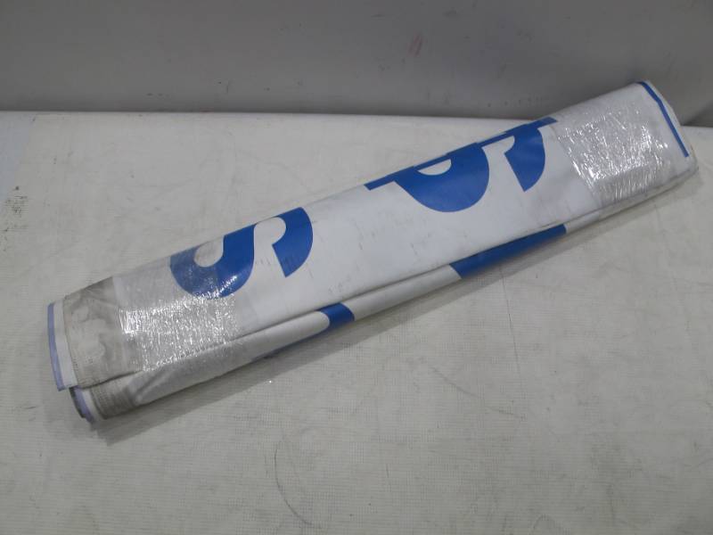 lot 472 image: 5 x 10 13 oz. White Vinyl Tarp w Advertisement and Grommets  Reused Billboard  13 mil Heavy Duty - A Grade