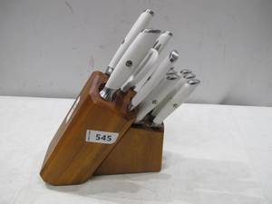 lot 545 image: Cangshan L1 Series White 1026078 German Steel Forged 12-Piece Knife Block Set, Acacia (White) - Cracked Handles