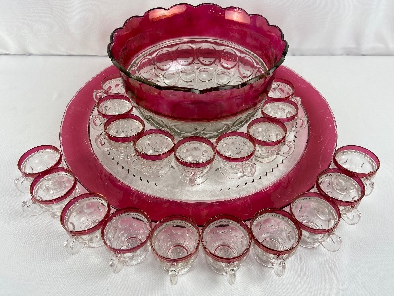 Indiana Glass Cranberry Glass Punch Bowl Set 11 Glasses Footed