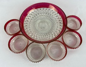 lot 6 image: Vintage Indiana Glass Ruby Flash Diamond Point Low Flared 13.5 Foot Bowl & 6 Shallow Dessert  Salad Bowls
