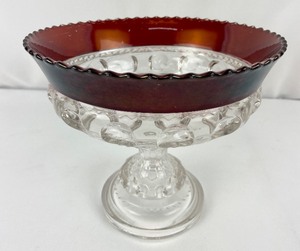 lot 8 image: Vintage Tiffin Kings Crown Thumbprint Pattern Footed Fruit Compote & Small Serving Bowl  - Deep Red in Color