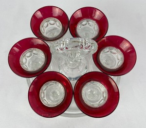 lot 3 image: Vintage Tiffin Kings Crown Thumbprint Glasses with a Pressed Glass Handled Beverage Tray