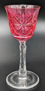 lot 15 image: 8 Diamond-Cut Cranberry Stemmed Sherry Glasses