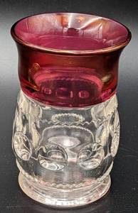 lot 16 image: Set of 10 Vintage Cranberry Brandy Glasses with Gold Iridescence - Tiffin Kings Crown Pattern