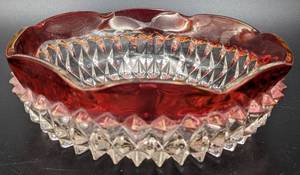 lot 17 image: Diamond Point Ruby Indiana Glass Servers and Candle Holders - 5 Pieces Cranberry with Gold Iridescence