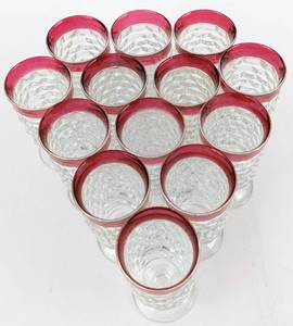 lot 18 image: 13 Whitehall Cranberry Flash-Cubed Footed Glasses by Colony - Small Tumblers or Parfait