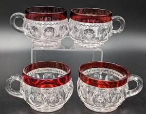 lot 19 image: 4 Tiffin Kings Crown Thumbprint Ruby Glass Teacups and Cut Glass Nappy Dish