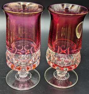 lot 21 image: 7 Tiffin Franciscan Footed Cranberry Glass Tumblers 6-58 In Tall - Iridescent Gold Sheen