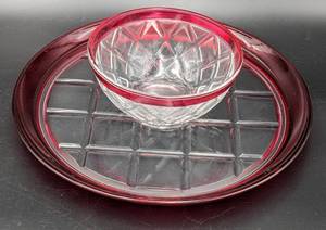 lot 40 image: Diamond Point Ruby Flash Bowl and 12 Inch Platter Set