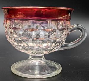 lot 44 image: 6 Diamond Point Ruby Flash Glass Punch Cups with Handles - Iridescent Gold Tone