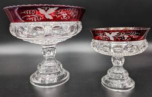 lot 43 image: Tiffin Kings Crown Thumbprint Footed Serving Set - Two Ruby Glass Compotes , Grape Leaf Etching