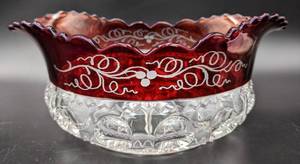 lot 49 image: Vintage Tiffin Kings Crown Thumbprint Scalloped Oval Server, Toothpick Holder with Grape Leaf Etching