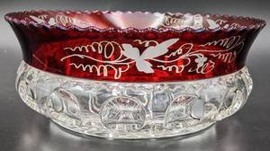 lot 50 image: Vintage Tiffin Kings Crown Thumbprint Scalloped Round Server, Toothpick Holder with Grape Leaf Etching