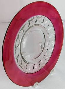 lot 62 image: 35 Cranberry 10.5 Glass Plates - Tiffin Kings Crown Thumbprint Pattern