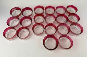 lot 31 image: 20 Tiffin Kings Crown Thumbprint Pattern Ruby Flashed Iridescent Gold Rimmed Compote Bowls