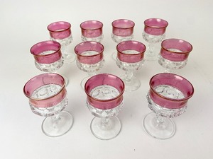 lot 54 image: 11 Tiffin Kings Crown Thumbprint Pattern Ruby Flashed Golden Rimmed Claret Wine Glasses