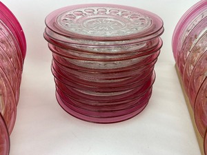 lot 63 image: 35 Cranberry 7.25-7.5 Glass Plates - Tiffin Kings Crown Thumbprint Pattern