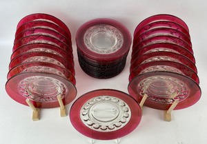 lot 64 image: 35 Tiffin Kings Crown Thumbprint Pattern Ruby Flashed 8.25 Plates