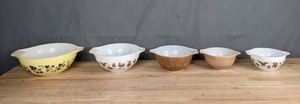 lot 110 image: (5) Pyrex Cinderella Bowls - Gooseberry, Early American, and Woodland Patterns  B