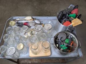 lot 126 image: Collection of Glass Jars with LidsRings, Two Large Pots Filled with Kitchen Utensils, and More   B