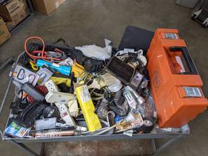 lot 130 image: Variety of Hand Tools and Tool Case, Includes Power Strips, Carabiners, Flashlight, Battery Charger, Tubing, and Much More  B