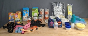 lot 131 image: Collection of Pet Supplies and Cleaning Supplies Carpet Refreshers and Cleaning Fluids, Leashes, Cat Food, Accessories  B