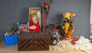 lot 133 image: Misc. Items Lot  Christmas Tigger, Victoria Ashlea Doll, Blossom Beauty Barbie, Lights, Extension Cord, Sewing Box with Notions, and More  B