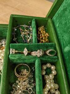 lot 8 image: Vintage Green Jewelry Music Box with Contents (Necklaces, Belt Buckles, Beads, Rings, Earrings, and More)   K