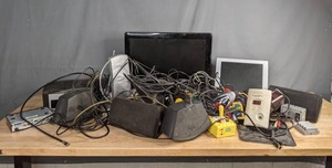 lot 150 image: Assortment of Electronics Sharp Screens, Atari Joysticks, Speakers, Cords and More B
