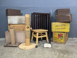 lot 163 image: Assortment of Wooden Step Stool, Cat Scratchers, Various Wooden Crates, DoorGate, Etc. B
