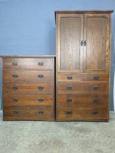 lot 146 image: Coordinating Set of Wood Mission Style 5-Drawer Dresser & Armoire B