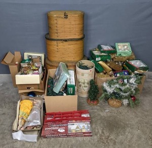 lot 169 image: Large Assortment of Christmas Decor String Lights, Ornaments, Bamboo Storage Baskets and More  B