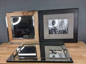 lot 219 image: Lot of 2 Pottery Barn Wall Mirrors and 1 Large Davlins Wood Picture Frame F