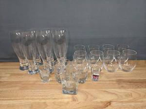 lot 229 image: 20-Piece Assorted Glassware - Whiskey Glasses, Stemless Wine Glasses, Pilsner Glasses, Shot Glasses F