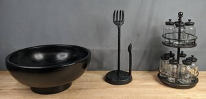 lot 188 image: Large Black Bowl, Fork & Spoon Paper Towel Holder and Turntable Spice Rack F