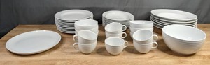 lot 189 image: Collection of Crate & Barrel White Spal Porcelain Bowls, Plates, Platter and Coffee Cups F