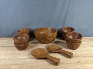 lot 194 image: Pottery Barn Wooden Salad Bowls and Utensils F