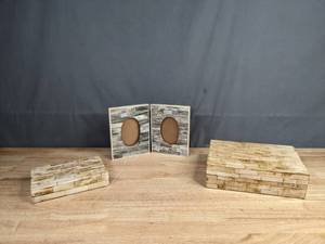 lot 178 image: Beautiful (2) Small Tiled JewelryTrinket Boxes and Matching Small Folding Photo Frame F