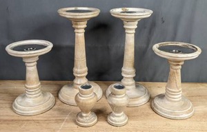 lot 181 image: Set of 6 Pottery Barn Ashton White Wash Wood Taper and Pillar Candle Holders F