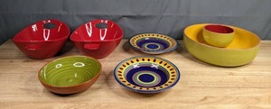 lot 182 image: 2 Pier 1 Italian Swirl Large Rim Soup Bowls, 2 Curved Red Bowls with Open Handles, a Green Bowl and Yellow Chip & Dip Serving Bowl F